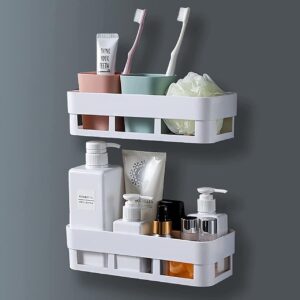 Plastic Strong Adhesive Shower Bathroom And Kitchen Self Adhesive Wall Mounted Soap Stand And Bathroom Shelves Self Stick For Shampoo; Conditioner And Etc - White (Bathroom Shelve 2Pcs)