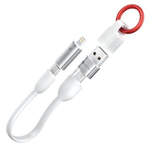 Portronics Keylink 4 in 1 Multifunctional Fast Charging Cable With Portronics Keylink 4 in 1 Multifunctional Fast Charging Cable With In Built KeyChain, 25cm Length, Tangle Free Flat Cable, Type C to Type C/Lightening, USB A, Fast Data Sync (White)