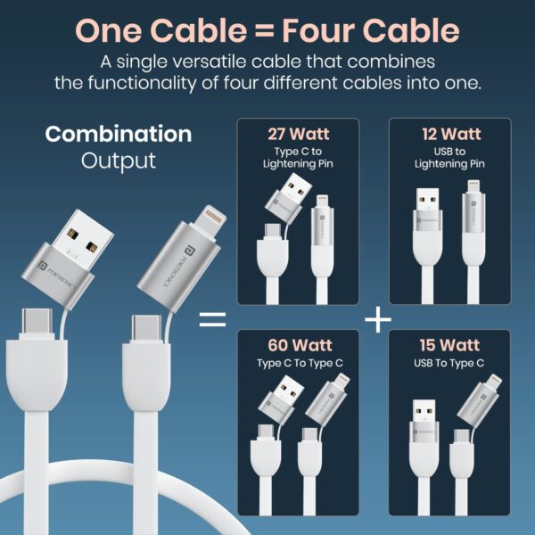 Portronics Keylink 4 in 1 Multifunctional Fast Charging Cable With In Built KeyChain, 25cm Length, Tangle Free Flat Cable, Type C to Type C/Lightening, USB A, Fast Data Sync (White)