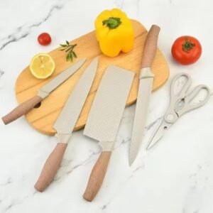 Premium 6-Piece Kitchen Knife Set with Wood-Tone Handles Textured Stainless Steel Blades Includes Chef Knife Santoku Utility Paring Knife Kitchen Shears and Knife Block