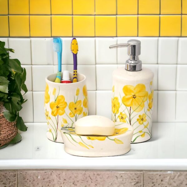 Premium Ceramic Bathroom Accessories Set of 3 | Modern Hand-Painted Bath Set with 300ml Soap Dispenser, Toothbrush Holder & Soap Dish | Bathroom Items | White & Yellow Floral Pattern