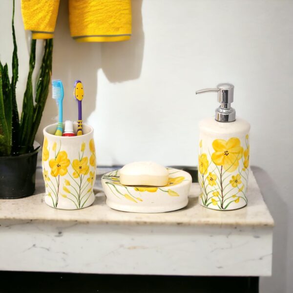 Premium Ceramic Bathroom Accessories Set of 3 | Modern Hand-Painted Bath Set with 300ml Soap Dispenser, Toothbrush Holder & Soap Dish | Bathroom Items | White & Yellow Floral Pattern