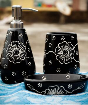 Premium Ceramic Bathroom Accessories Set of 3 | Modern Luxury Bath Set with 300ml Soap Dispenser, Toothbrush Holder & Soap Dish | Home Décor Item| Best for Gift | (Black & White)