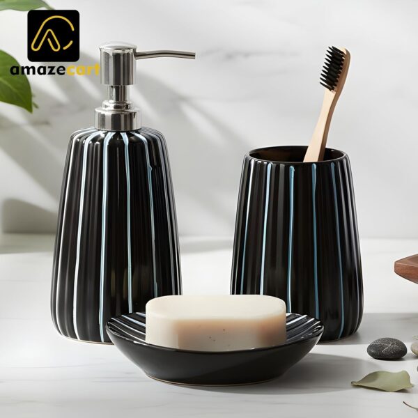 Premium-Ceramic-Bathroom-Accessories-Set-of-3-Modern-Luxury-Bath-Set-with-300ml-Soap-Dispenser-Toothbrush-Holder-Soap-Dish-Home-Decor-Item-Best-for-Gift-Striped-Design-Black.jpg Premium Ceramic Bathroom Accessories Set of 3 | Modern Luxury Bath Set with 300ml Soap Dispenser, Toothbrush Holder & Soap Dish | Home Décor Item| Best for Gift | Striped Design (Black)