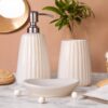 Premium Ceramic Bathroom Accessories Set of 3 | Oval Hand-Painted Premium Ceramic Bathroom Accessories Set of 3 | Oval Hand-Painted Luxury Bath Set with 300ml Liquid Soap Dispenser, Toothbrush Holder & Soap Tray | White with Vertical Stripe Pattern
