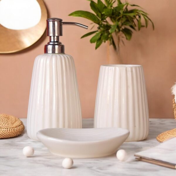 Premium Ceramic Bathroom Accessories Set of 3 | Oval Hand-Painted Premium Ceramic Bathroom Accessories Set of 3 | Oval Hand-Painted Luxury Bath Set with 300ml Liquid Soap Dispenser, Toothbrush Holder & Soap Tray | White with Vertical Stripe Pattern
