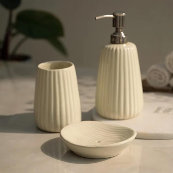 Premium-Ceramic-Bathroom-Accessories-Set-of-3-Oval-Hand-Painted-Luxury-Bath-Set-with-300ml-Liquid-Soap-Dispenser-Toothbrush-Holder-Soap-Tray-White-with-Vertical-Stripe-Pattern.jpg Premium Ceramic Bathroom Accessories Set of 3 | Oval Hand-Painted Luxury Bath Set with 300ml Liquid Soap Dispenser, Toothbrush Holder & Soap Tray | White with Vertical Stripe Pattern