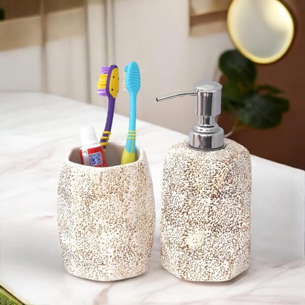 Premium Ceramic Bathroom Set of 2 | Soap Dispenser & Premium Ceramic Bathroom Set of 2 | Soap Dispenser & Toothbrush Holder for Bathroom Countertop | Stylish Handmade Ceramic Bath Accessories | Modern Vanity Set | Brown