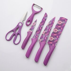 Premium Colorful Floral Printed Kitchen Knife Set with Scissor and Peeler, 6 Pieces (Purple)