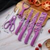 Premium Colorful Floral Printed Kitchen Knife Set with Scissor and Peeler, 6 Pieces (Purple)