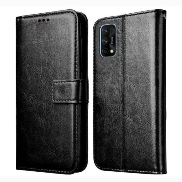 Premium Leather Kickstand Wallet Flip Case Cover with Magnetic Closure Premium Leather Kickstand Wallet Flip Case Cover with Magnetic Closure for Realme 7 Pro - Black