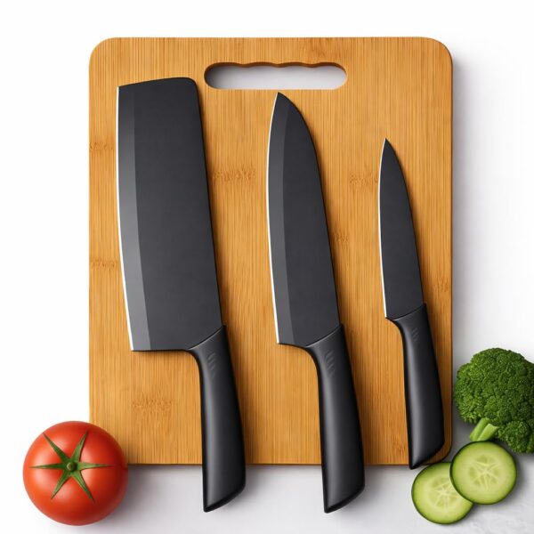 Premium Stainless Steel Knife Set with Bamboo Wooden Chopping Board Premium Stainless Steel Knife Set with Bamboo Wooden Chopping Board | 3-Piece Ultra-Sharp Blades, Chef, Meat Cleaver & Utility Kitchen Knife Set | Eco Friendly Multipurpose Cutting Board Kitchen Tool