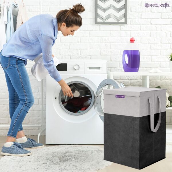 PrettyKrafts 35 L Non Woven Rectangular Foldable Large Laundry Bag/Basket With Lid & Handles, Freestanding Clothes Storage Organizer for Bedroom, Dorm (30x30x40cm, Black, Set of 1)