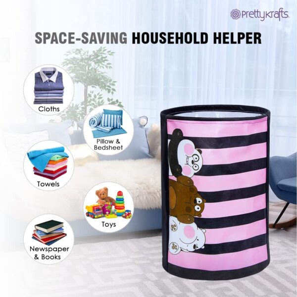 PrettyKrafts 45L Non Woven Panda Printed Round Foldable Large Laundry Bag/Basket with Handles, Freestanding Clothes Storage Organizer for Bedroom, Bathroom (37x 37x45cm, Multicolour, Set of 1)