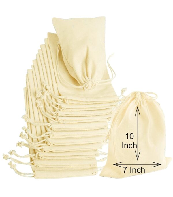Prime 12 Pcs Cotton Drawstring Potli Cloth Bags,Reusable bags for Kitchen, Non Plastic Packing use, Masala Potli, Spice Bag.Size 10 x 7 inches