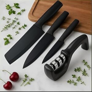Professional 3-Piece Kitchen Knife Set - High Carbon Stainless Steel Chef, Utility & Santoku Knives with Ergonomic Blue Handles (BLK+Sharpener)