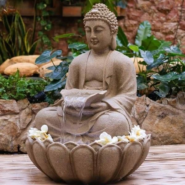 R.K Decor HUB Kamal Buddha Water Fountain Big Size|3 Feet Kamal Buddha Fountain with LED Lighting for Outdoor|Water Fountain for Home & Garden (Beige, 3 Feet),Resin