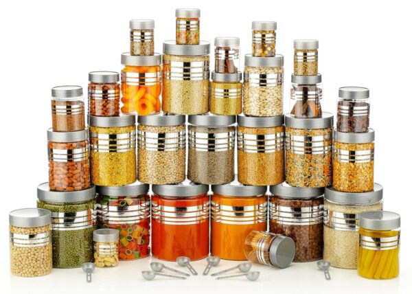 RABBY Plastic Pet Storage Jar and Container, Set of 24 RABBY Plastic Pet Storage Jar and Container, Set of 24 With Spoons Air Tight | Kitchen Organiser Improved Model Silver line Printed