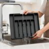 RISHIK Organizer Large Kitchen Utensil Drawer Organizer Expandable 22"x 15" Silverware Tray Flatware and Cutlery Holder for Spoons Forks Knives Storage Dividers Plastic BPA Free Black