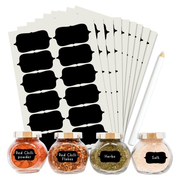 ROUSRIE Pack of 84 Reusable Waterproof Black Same Shape Mason Jars Labels Kitchen Pantry,Spice Jars Glass Bottles – Best Stickers & Organizing Label with White Pencil