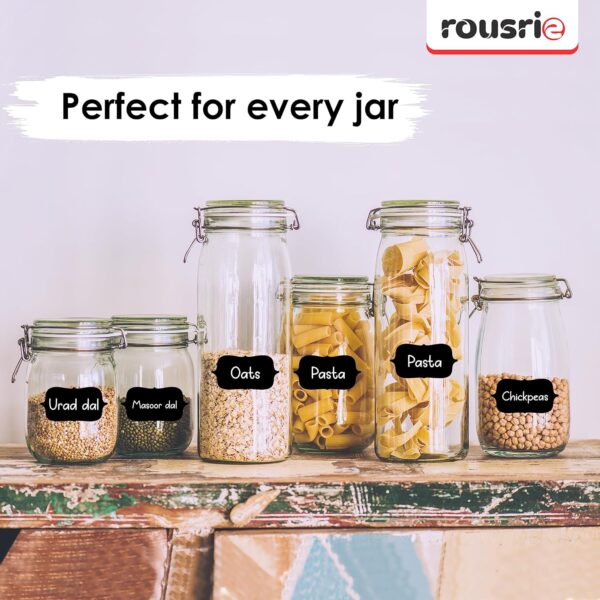 ROUSRIE Pack of 84 Reusable Waterproof Black Same Shape Mason Jars Labels Kitchen Pantry,Spice Jars Glass Bottles – Best Stickers & Organizing Label with White Pencil