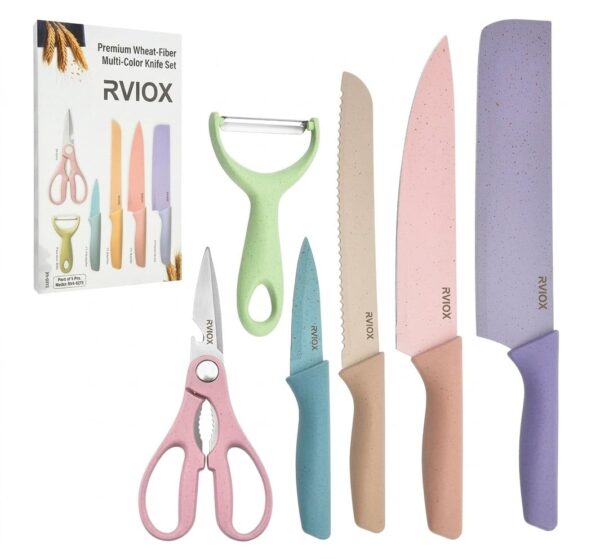 RVIOX 6-Piece Premium Wheat Fiber Kitchen Knife Set with Ergonomic RVIOX 6-Piece Premium Wheat Fiber Kitchen Knife Set with Ergonomic Anti-Slip Handles | Includes Chef Knife, Bread Knife, Paring Knife, Scissors, and Peeler | Ultra-Sharp & Eco-Friendly (Multicolor)
