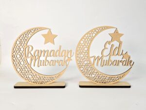 Ramadan Mubarak Wooden Moon Star Eid Decoration Table Top Islamic Home Decor 3D Hollow Moon Design
