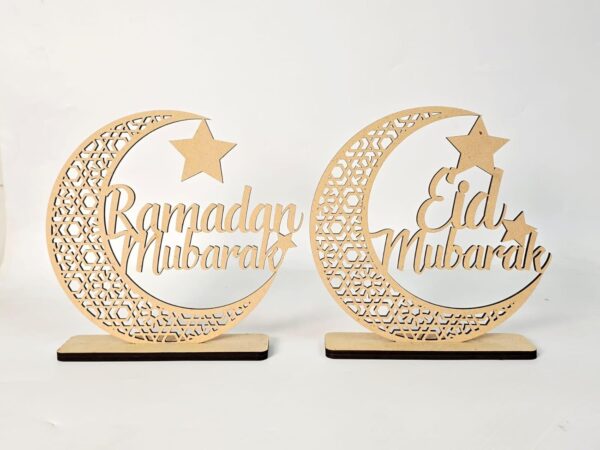 Ramadan Mubarak Wooden Moon Star Eid Decoration Table Top Islamic Home Decor 3D Hollow Moon Design