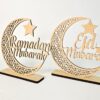 Ramadan Mubarak Wooden Moon Star Eid Decoration Table Top Islamic Home Decor 3D Hollow Moon Design