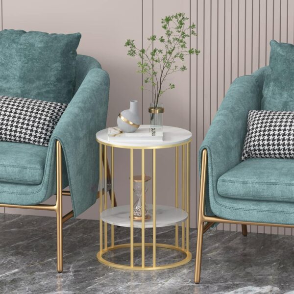 Round End Table Accent Small Sofa Side Corner Table Nightstand Modern Bedside Table for Living Room Bedroom Office Small Spaces Coffee Table Table with Storage Shelf Gold White D3