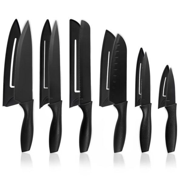 Royal 6-Piece Kitchen Knife Set with Covers, High Carbon Stainless Royal 6-Piece Kitchen Knife Set with Covers, High Carbon Stainless Steel, Black Coated Blades, Chef, Santoku, Bread, Utility & Paring Knives for Home & Restaurant Use