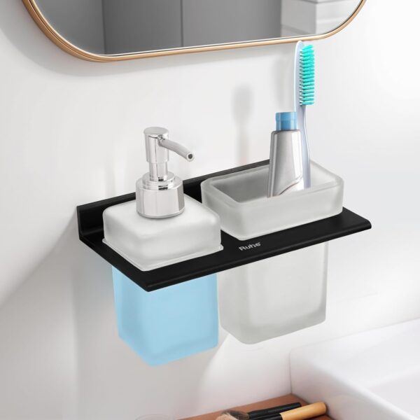 Ruhe Ember Wall-Mounted Soap Dispenser With Tumbler Holder, Black | Space Aluminium | Easy Refill Glass Dispenser & Removable Tumbler | Modern Bathroom Organizer