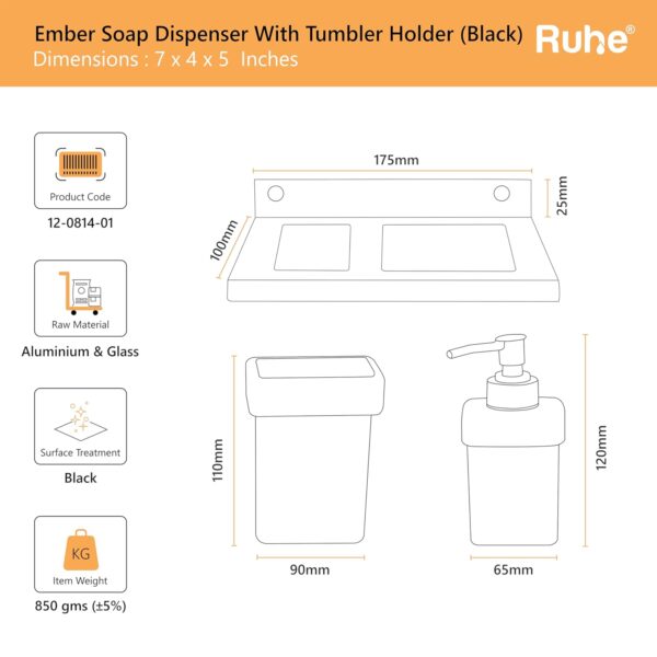 Ruhe Ember Wall-Mounted Soap Dispenser With Tumbler Holder, Black | Space Aluminium | Easy Refill Glass Dispenser & Removable Tumbler | Modern Bathroom Organizer