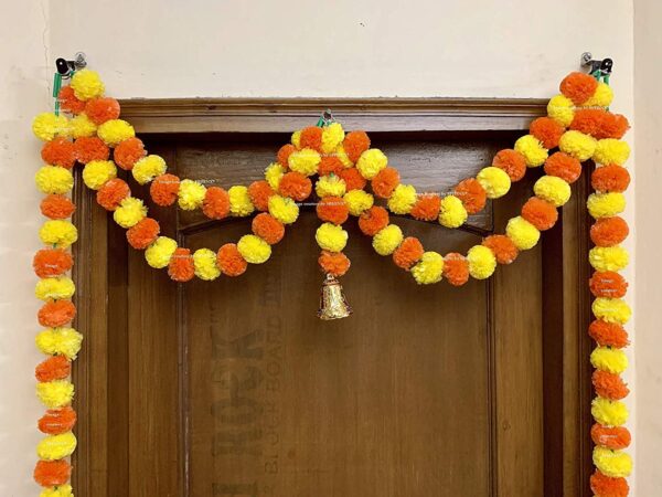 SPHINX Artificial Marigold Fluffy Flowers Garlands Double line Door Toran Set/Door Hangings for Home Office Decoration (Approx. 100 X 152 cms) Set of 1 (Yellow & Dark Orange)