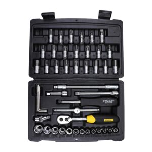 STANLEY STMT72794-8 1/4'' 46-PIECE Square Drive Metric Socket & Bit Set, Made with Double Nickel Chromium Alloy Coated Tip, Maxi-Drive™ Design Provides 15% More Torque than Standard Sockets, BLACK