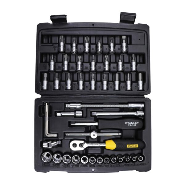STANLEY STMT72794-8 1/4'' 46-PIECE Square Drive Metric Socket & Bit STANLEY STMT72794-8 1/4'' 46-PIECE Square Drive Metric Socket & Bit Set, Made with Double Nickel Chromium Alloy Coated Tip, Maxi-Drive™ Design Provides 15% More Torque than Standard Sockets, BLACK