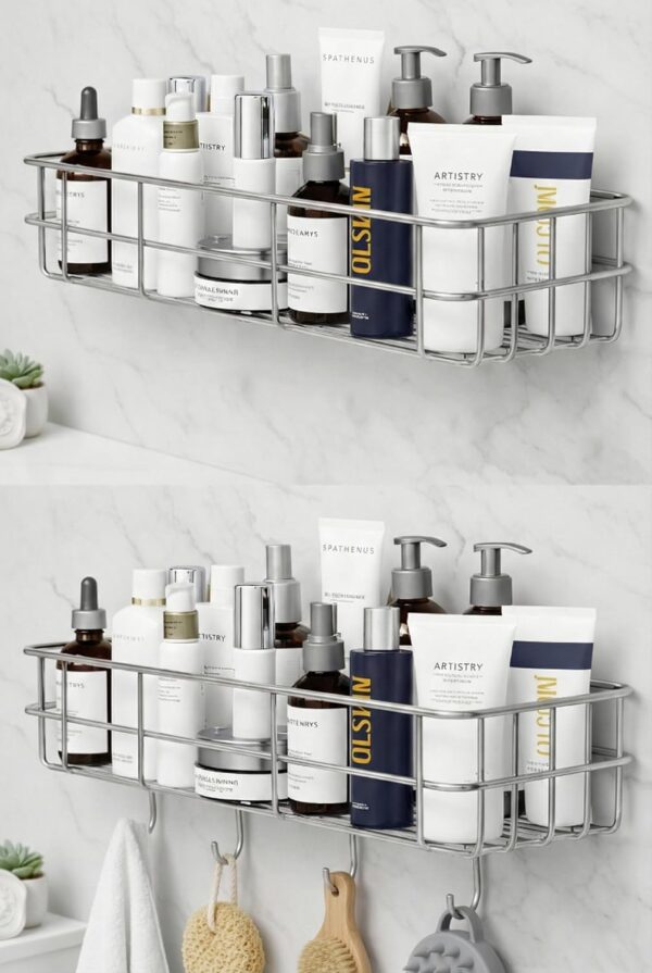 SaleOn Stainless Steel Lifetime Rust Free Self Adhesive Shelf Rack Set of 2 for Kitchen & Bathroom | No Drill Wall Mount Sink Organizer with Hooks | Kitchen Sink Wall Organiser | 1 Year Warranty