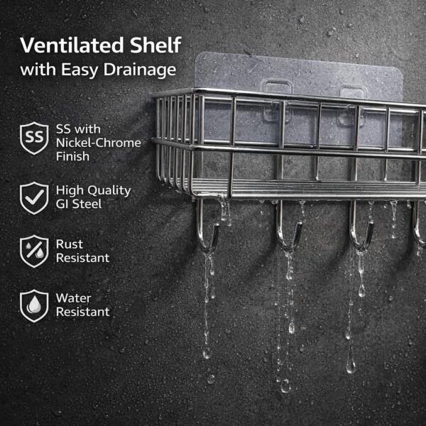 SaleOn Stainless Steel Lifetime Rust Free Self Adhesive Shelf Rack Set of 2 for Kitchen & Bathroom | No Drill Wall Mount Sink Organizer with Hooks | Kitchen Sink Wall Organiser | 1 Year Warranty