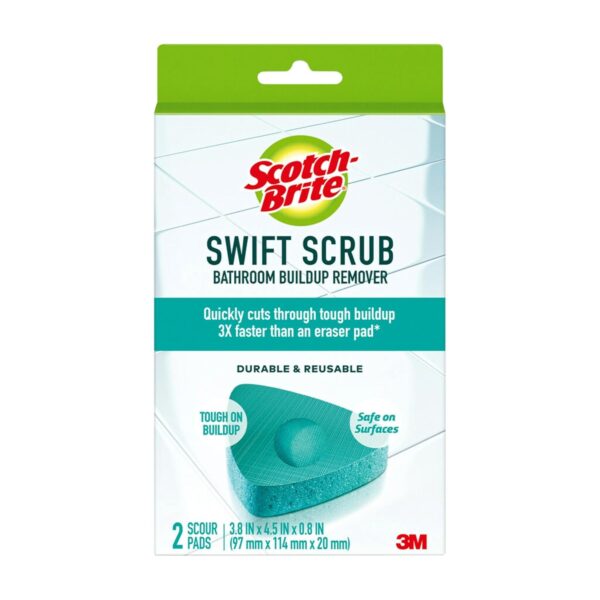 Scotch-Brite Swift Scrub Bathroom Buildup Remover Pads | Tough on Scotch-Brite Swift Scrub Bathroom Buildup Remover Pads | Tough on Limescale & Soap Scum | Safe on Surfaces | Durable & Reusable | 2 Scrub Pads
