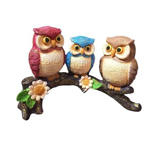 Set of 3 Owl Family Resin Figurine Sitting On Tree Branch Showpiece Statue for Table Top, Living Room, Bedroom, Office/Home Décoration, Colour Multi (13 cm Height) (Resin, Multicolor)