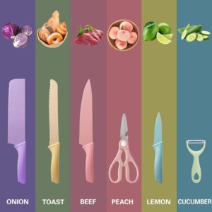 Shree 6 Set Colorful Kitchen Knife Set Carbon Stainless Steel Shree 6 Set Colorful Kitchen Knife Set Carbon Stainless Steel Non-Stick Blades Includes Scissors & Peeler Chef’s Knife, Fruit & Vegetable Slicer, Meat Knife Multicolor