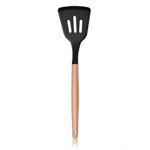 Silicone Kitchen Utensils Set, Wooden Handle Cooking Utensils, Non-Stick Spatula Silicone Kitchen Utensils Set, Wooden Handle Cooking Utensils, Non-Stick Spatula Spoon Turner Safe for Cookware, Non-Toxic & Heat Proof (Pack of 1, Black)