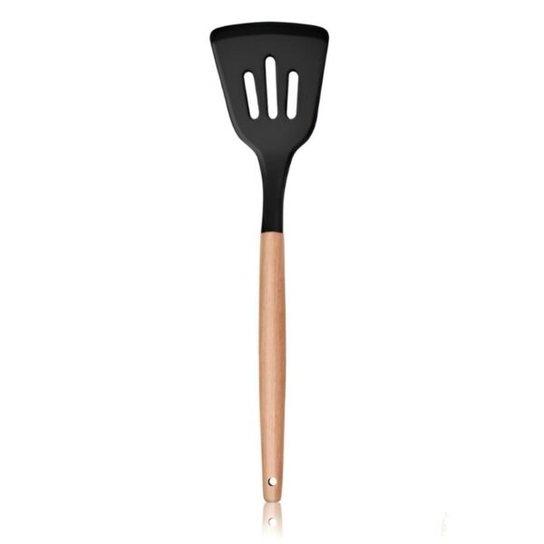 Silicone Kitchen Utensils Set, Wooden Handle Cooking Utensils, Non-Stick Spatula Spoon Turner Safe for Cookware, Non-Toxic & Heat Proof (Pack of 1, Black)