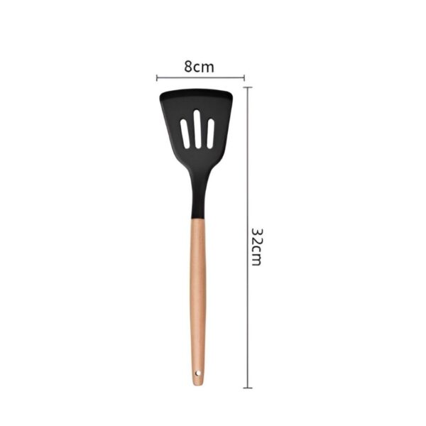 Silicone Kitchen Utensils Set, Wooden Handle Cooking Utensils, Non-Stick Spatula Spoon Turner Safe for Cookware, Non-Toxic & Heat Proof (Pack of 1, Black)