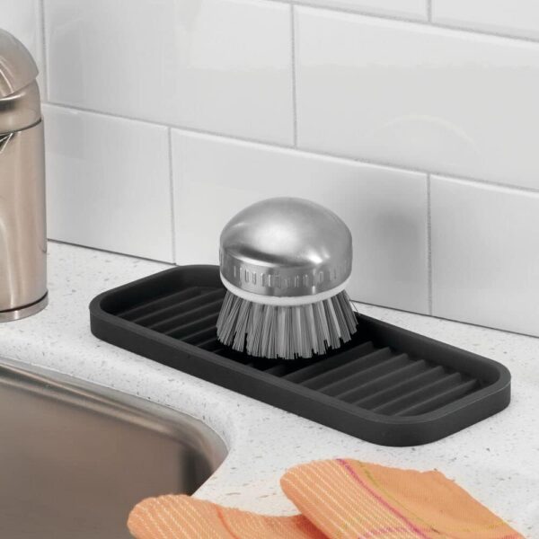 Silicone Sink Organizer Tray, Multipurpose Soap and Sponge Holder for Kitchen and Bathroom Countertop, Non-Slip Soap Dish (Black)