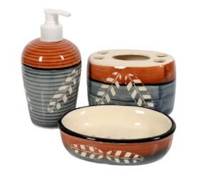 Skywalk Hand Painted Ceramic Bathroom Set of 3 Pcs - Liquid Soap Dispenser, Soap Dish and Brush Holder for Bathroom Décor and Home Gift Set SWKA-1169