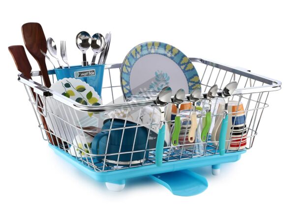 SmartSlide Stylish Stainless Steel Utensil Basket Drainer Dish Drainer Basket with Tray for Kitchen Vessel Drainer Rack Dish Drying Rack with Tray and Spoon Holder