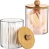 Soko 2 Pack Qtip Holder with Bamboo Lids, Cotton Swab Soko 2 Pack Qtip Holder with Bamboo Lids, Cotton Swab Storage Dispenser, Acrylic Vanity Countertop Cosmetic Makeup Organizer - Bathroom Canister Accessories Set for Ball, Pads, Floss, Earbud - 2 PC