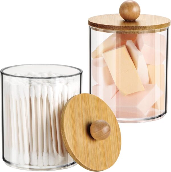 Soko 2 Pack Qtip Holder with Bamboo Lids, Cotton Swab Soko 2 Pack Qtip Holder with Bamboo Lids, Cotton Swab Storage Dispenser, Acrylic Vanity Countertop Cosmetic Makeup Organizer - Bathroom Canister Accessories Set for Ball, Pads, Floss, Earbud - 2 PC