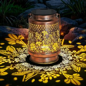 Solar Lantern Outdoor Hummingbird Metal Hanging Lantern with Warm LED Projection, Waterproof Vintage Solar Garden Light for Patio Balcony Lawn Pathway Decor | Copper Finish